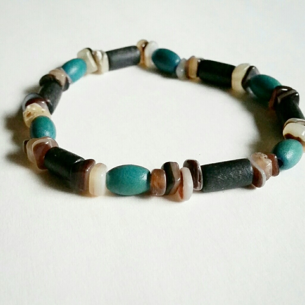 Wood and stone bead elastic bracelet - Picture 2 of 4